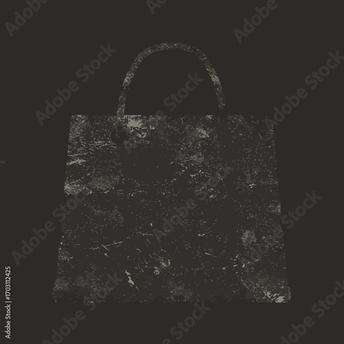 Monochrome vintage shopping bag icon with a distressed grunge texture. An isolated graphic element for design projects