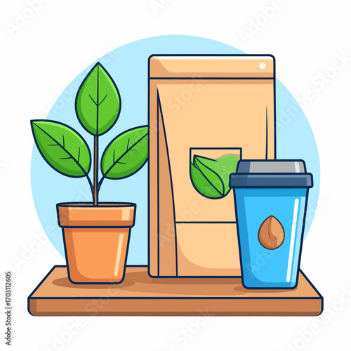 Minimalist flat 2D vector illustration featuring a coffee pouch mockup, a disposable to-go cup, and a green plant sitting on a clean wooden shelf for branding concepts