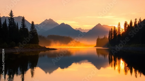 Golden hour light through misty coniferous valley, great for wallpaper designs and inspirational content