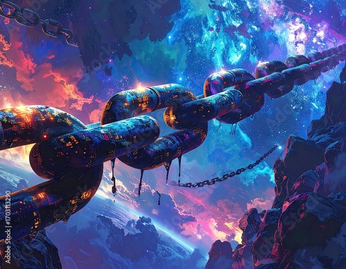 Celestial Chain: Fractured Metal Links Against Cosmic Nebula