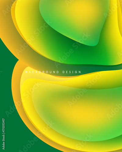 Abstract fluid shapes, vibrant yellow, green hues. Smooth gradients create modern background design. Minimalist aesthetic, flowing forms.