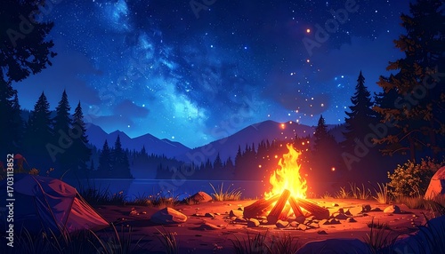 Night campfire scene by a lake with a starry sky
