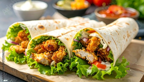 Crispy chicken wraps on a cutting board