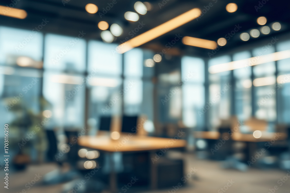 Fototapeta premium Blurry modern office space with desks. Suitable for business presentations, website headers, and design projects requiring a contemporary office setting.