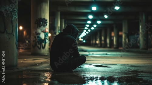 Person sitting ground under bridge night is wearing Homeless man prepare