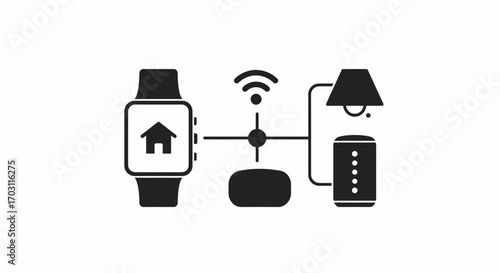 Illustration of a smart home ecosystem with a smartwatch, Wi-Fi hub, smart speaker, and lamp connected, representing IoT technology.