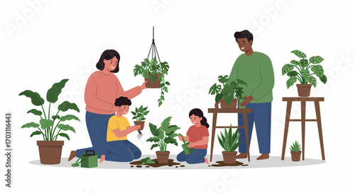 A diverse family, including parents and two children, happily engaged in indoor gardening, potting and caring for various houseplants together.