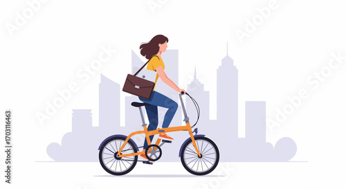 Woman riding a folding bicycle in a city with a briefcase over her shoulder, illustrating urban commuting and sustainable transport.