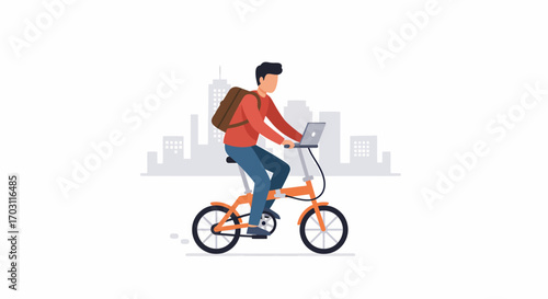 Man riding a folding bicycle and working on a laptop with a city skyline in the background, illustrating remote work or digital nomad lifestyle.