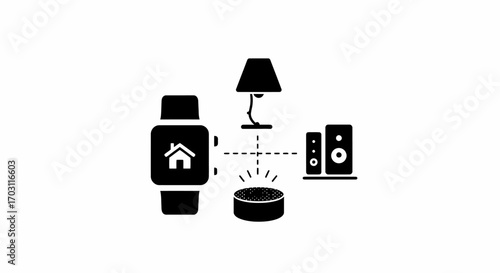 Smartwatch controlling various smart home devices like a lamp and speakers via a central smart hub, illustrating interconnected technology.