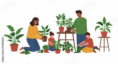 A happy family, including parents and two children, enjoying the hobby of potting and caring for various houseplants together.