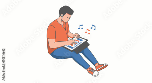 An illustration of a man sitting on the floor, using a tablet with a stylus, and listening to music through earphones.