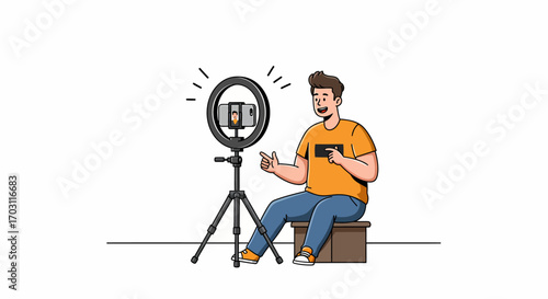 A man vlogging or live streaming with a smartphone on a tripod with a ring light, creating online content.