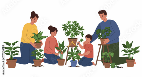 A happy family, including parents and two children, engaging in the hobby of potting and caring for various houseplants together.