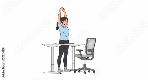 A woman stands at a desk, stretching her arms overhead, taking a break from work in an office setting.