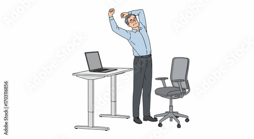 A man in a blue shirt and dark pants performs a side bend stretch with arms overhead next to a standing desk with a laptop and an office chair.