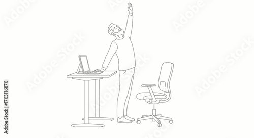 A person performs a side bend stretch at a standing desk with a laptop and an office chair nearby, promoting office wellness.
