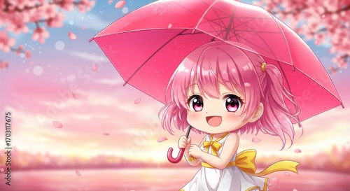 Cute Chibi Girl Holding Pink Umbrella with Cherry Blossoms Falling