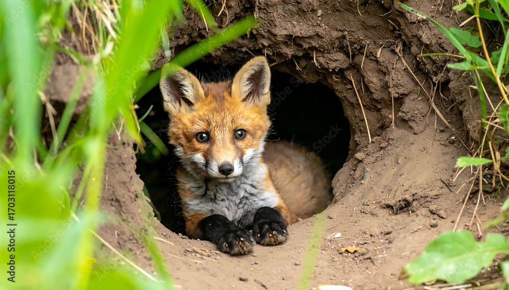 Naklejka premium A red fox kit peeking from a burrow