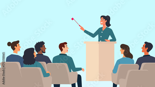 Female Speaker Giving Lecture Flat Illustration
