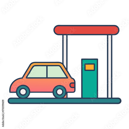 Car at a gas station refueling with fuel pump icon