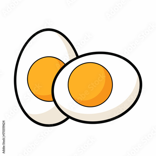 Two halved hard boiled eggs with bright yellow yolks