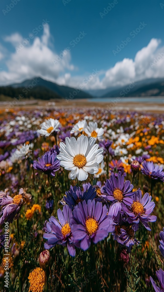Obraz premium Dreamy blooming flower field under bright sunshine and blue sky with white clouds, soft pastel daisies, magical fairy tale atmosphere.