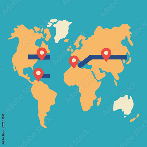 Global travel routes and destinations marked on world map