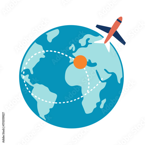 Airplane traveling around the world with a dotted flight path and destination marker