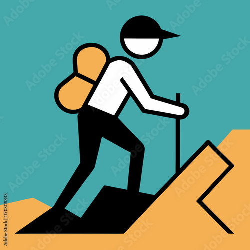 Stylized hiker ascends rocky terrain with backpack and trekking pole
