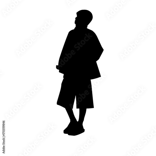 Silhouette of a relaxed wom standing casually with hands in pockets, wearing loose shorts and a jacket. Minimalist black design perfect for fashion, streetwear, lifestyle, or modern illustration theme