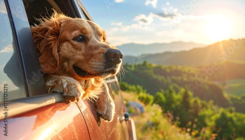 Golden Retriever Dog Looking Out Car Window at Scenic Sunset