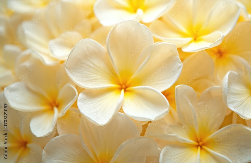 Naklejka premium Close-up of scattered pale yellow and white plumeria flower petals. Vibrant textured background with soft pastel colors. Delicate organic floral arrangement displays natural beauty and symmetry.