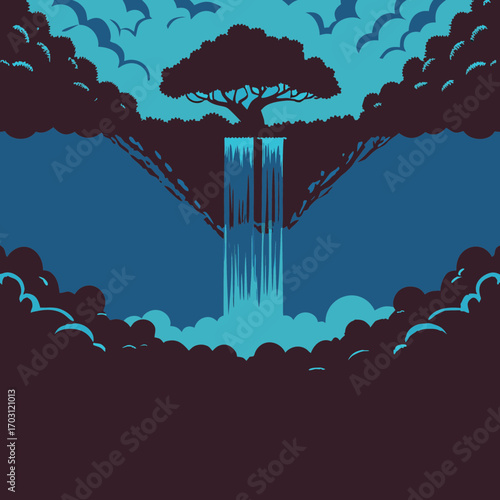 Vector art of a surreal floating island with a cascading waterfall and a solitary tree, set against a dramatic sky, evoking a sense of wonder and fantasy