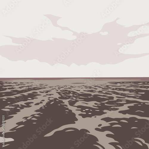 Vector art of a serene coastal landscape with a calm sea, expansive sky, and subtle cloud formations, creating a sense of vastness and quiet contemplation
