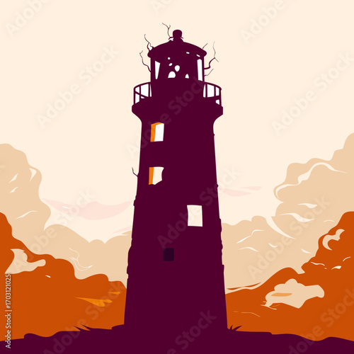 Vector art of a weathered lighthouse stands tall against a dramatic sunset sky in this stylized illustration of coastal resilience and maritime history