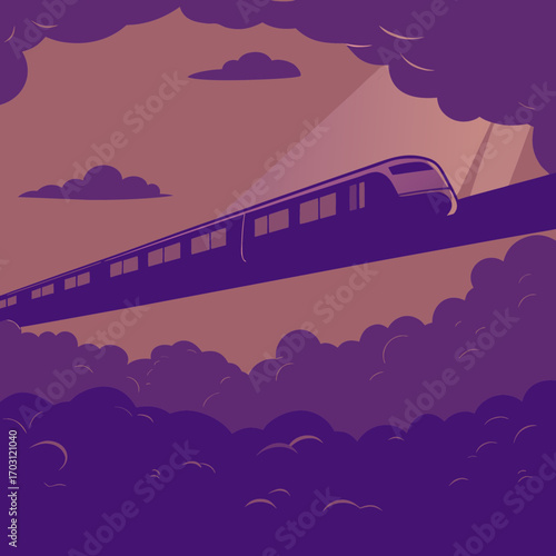 Vector art of a futuristic train travels through a dreamlike landscape of clouds, symbolizing progress and imagination in a surreal, vibrant setting