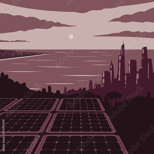 Vector art of a sustainable city powered by solar energy, blending urban development with renewable resources for a cleaner, greener future landscape