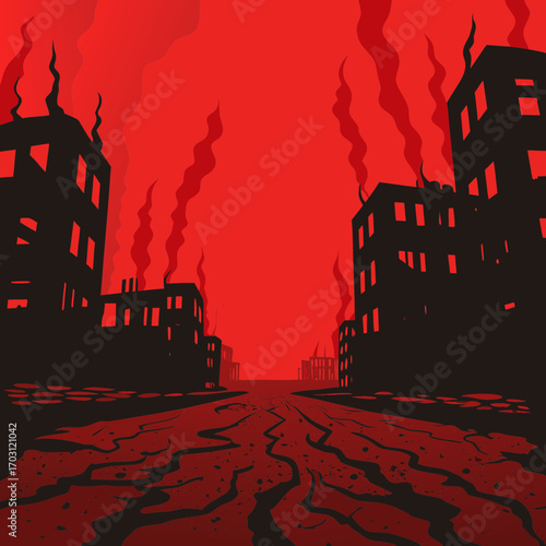 Vector art of a city burns in fiery ruins, with smoke billowing from destroyed buildings in this stark illustration of urban devastation and chaos