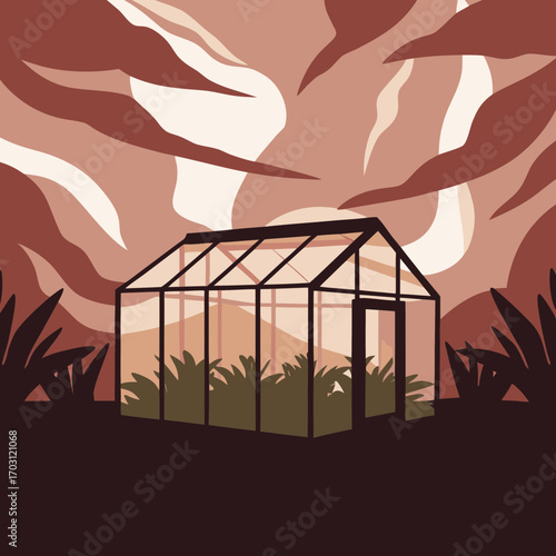 Vector art of a greenhouse stands in a field at sunset, symbolizing growth, sustainability, and the beauty of nature, with a warm and inviting atmosphere