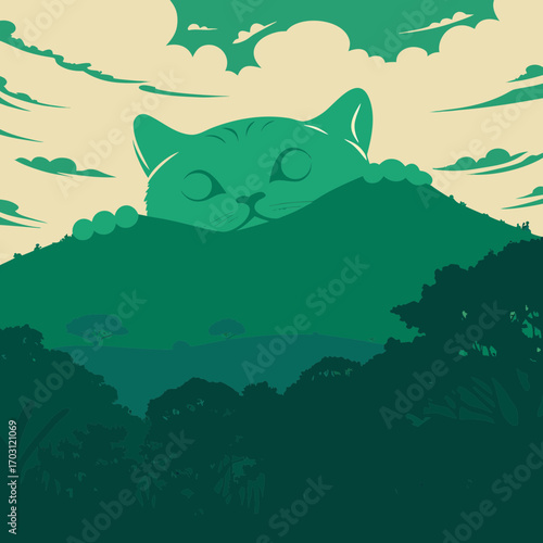 Vector art of a whimsical illustration of a giant cat peering over a lush green mountain range under a cloudy sky, creating a surreal and imaginative landscape
