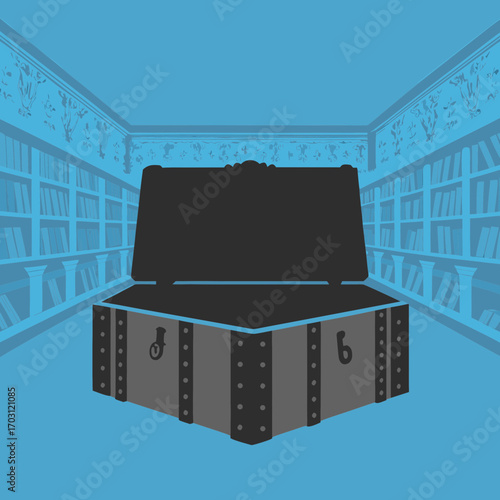 Vector art of a treasure chest sits in a library, suggesting hidden knowledge, discovery, and the value of books as sources of wisdom and adventure