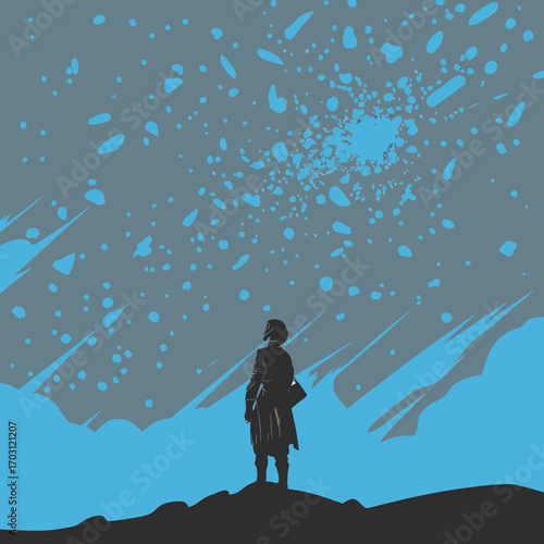 Vector art of a lone figure stands beneath a swirling, starry sky, gazing up at the cosmos, a sense of awe and wonder fills the air, a cosmic journey