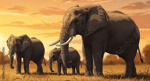 Animated african elephant family on savannah plains at golden sunset