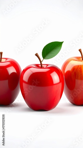 Three Red Apples With Leaf on Top in a Bright White Background with Studio Lighting