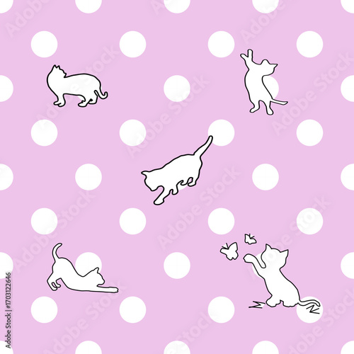  Seamless pattern of the cat on dot .For background, fabric,card.texture.