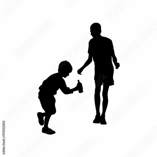 Boy offers water to marathon runner in silhouette on white background