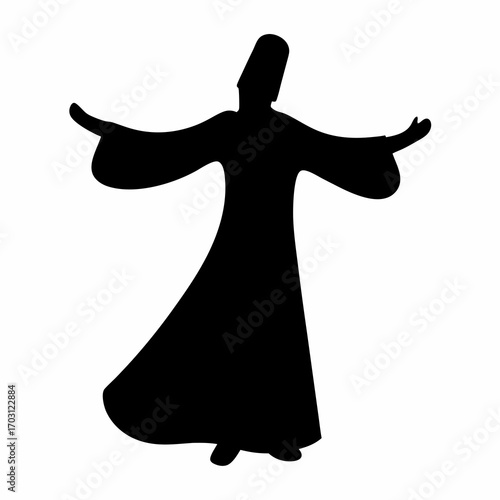 Silhouette of a whirling dervish dancer in a religious performance, isolated on white