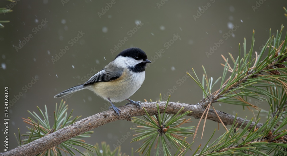 Obraz premium A charming little Black-capped Chickadee songbird perched on an evergreen bough during a beautiful winter snowstorm