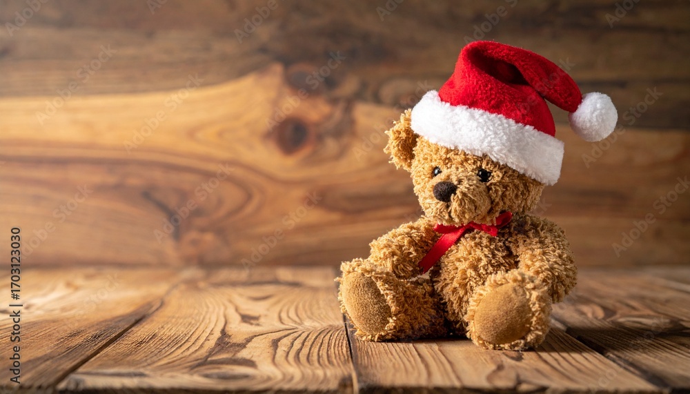 Obraz premium サンタ帽をかぶったかわいいテディーベアの人形、バックグラウンド